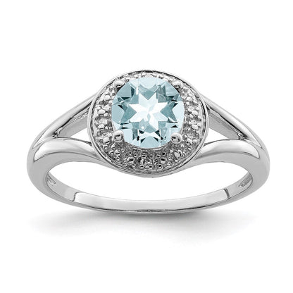 Sterlingsilber Rhodiniert Diamant. & Aquamarin Ring