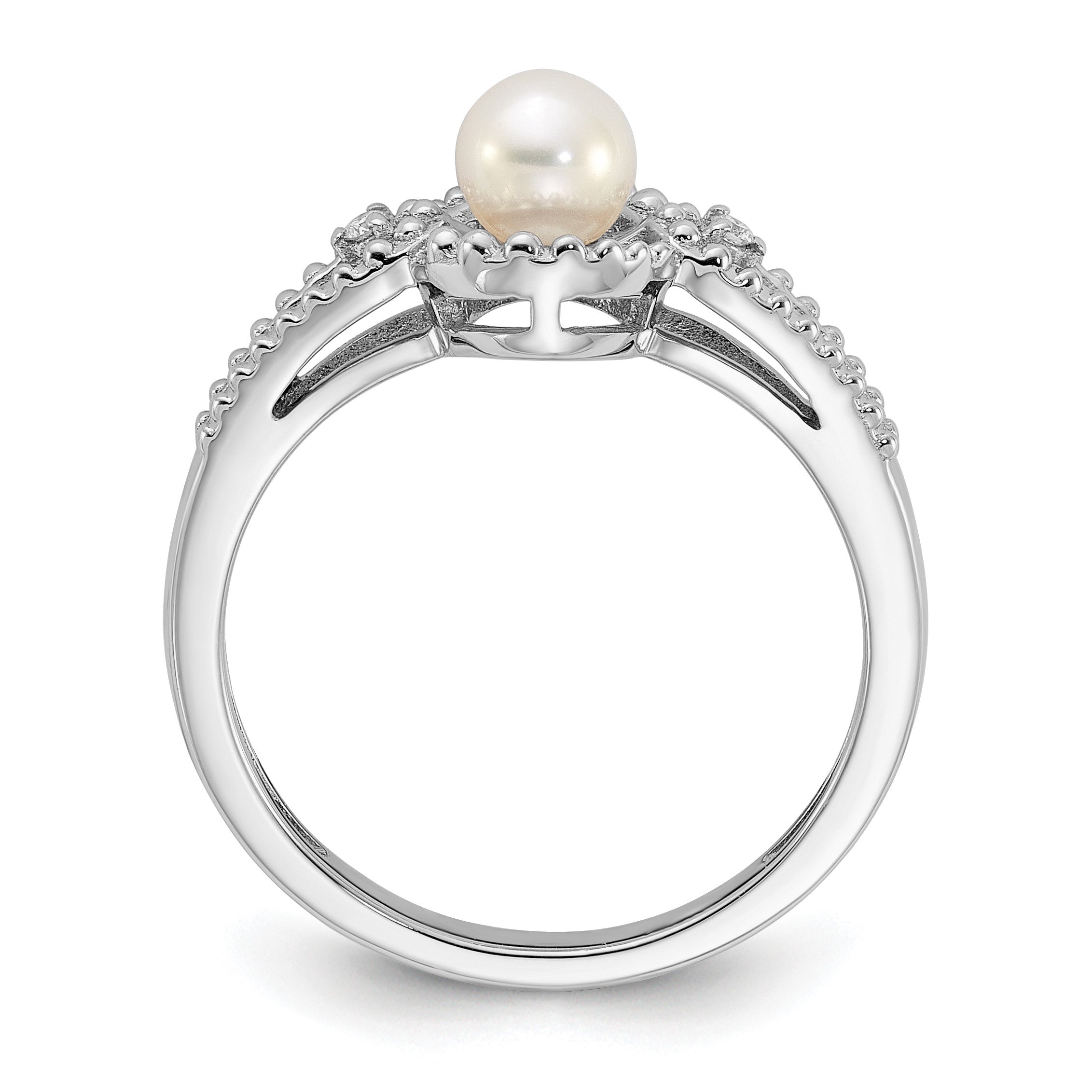 Sterlingsilber Rhodiniert Fw Zuchtperle & Diamant. Ring