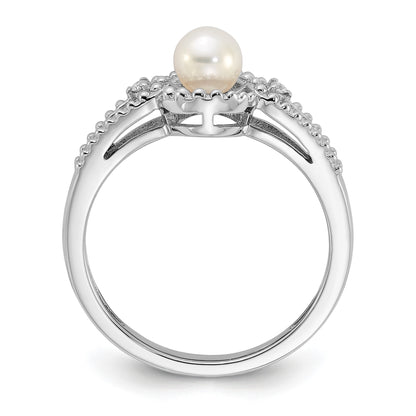 Sterlingsilber Rhodiniert Fw Zuchtperle & Diamant. Ring