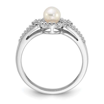 Sterlingsilber Rhodiniert Fw Zuchtperle & Diamant. Ring
