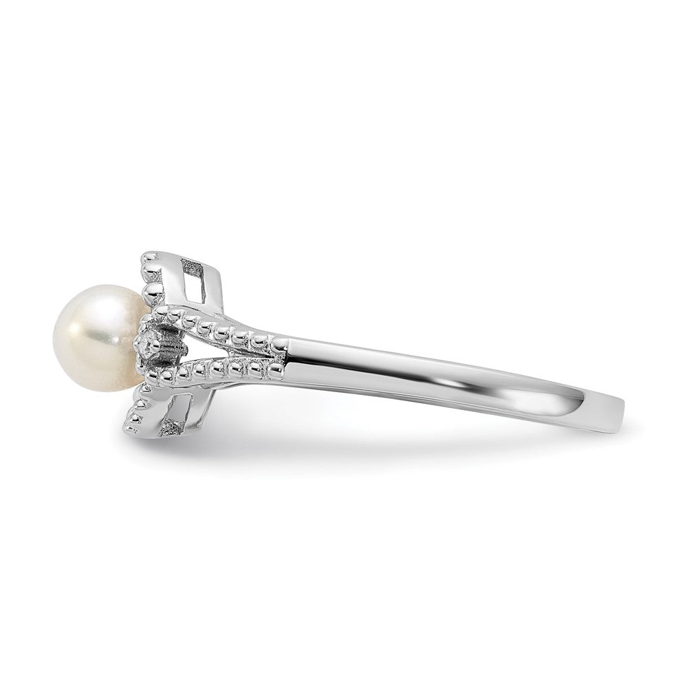 Sterlingsilber Rhodiniert Fw Zuchtperle & Diamant. Ring