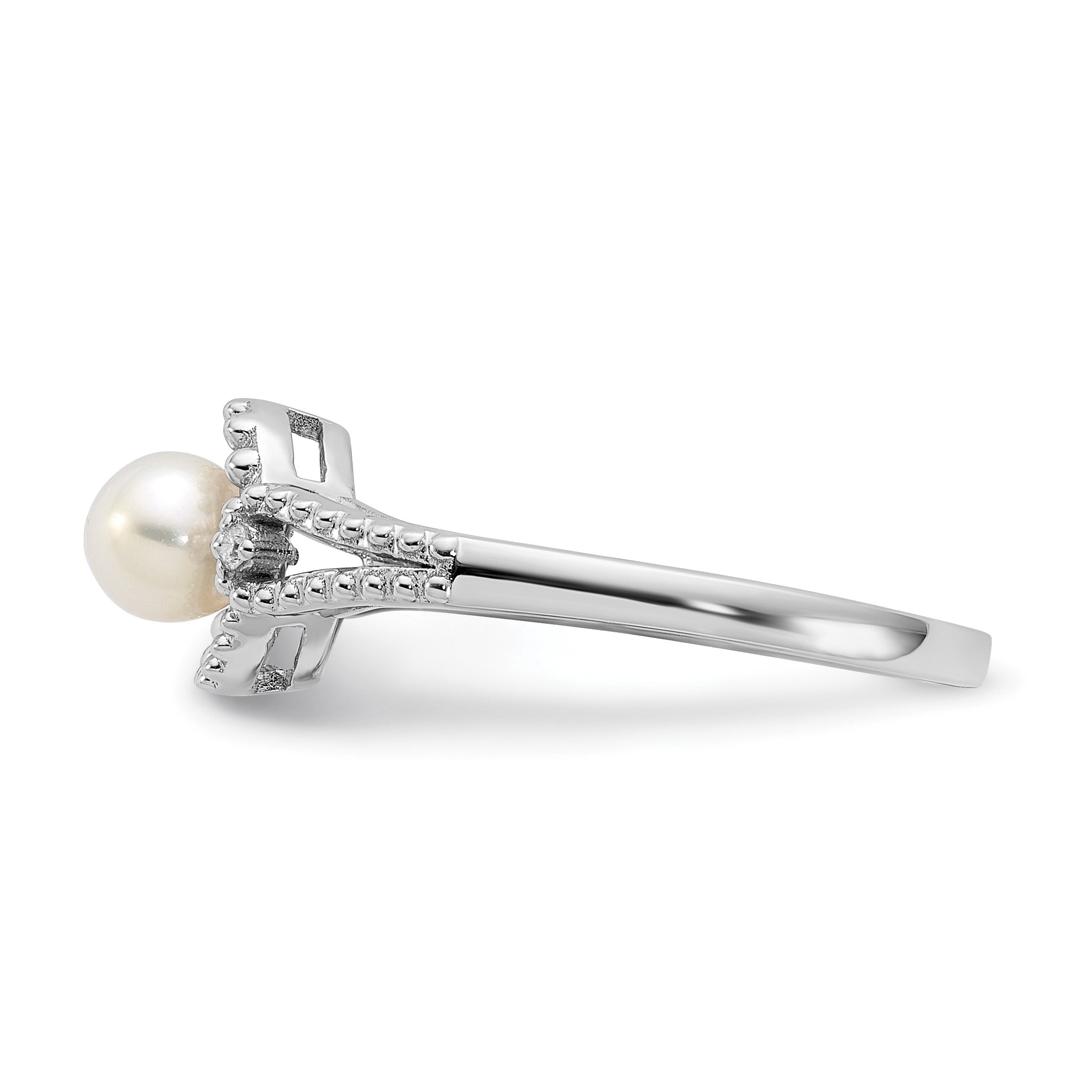 Sterlingsilber Rhodiniert Fw Zuchtperle & Diamant. Ring