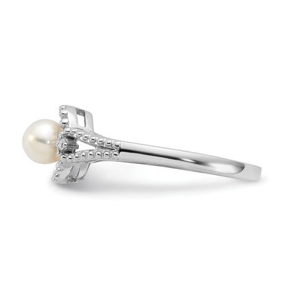 Sterlingsilber Rhodiniert Fw Zuchtperle & Diamant. Ring