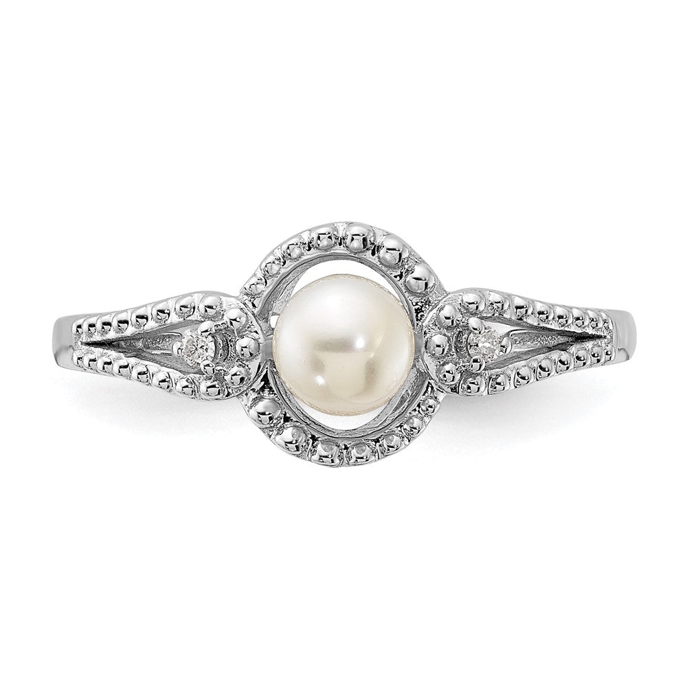 Sterlingsilber Rhodiniert Fw Zuchtperle & Diamant. Ring