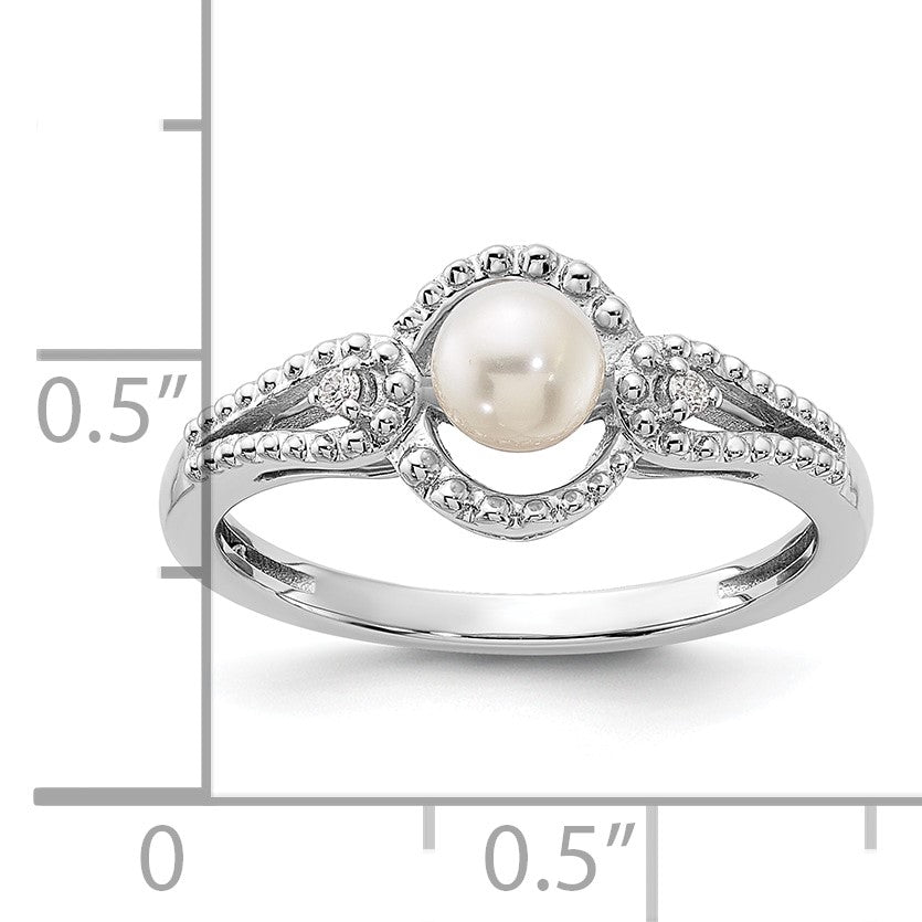 Sterlingsilber Rhodiniert Fw Zuchtperle & Diamant. Ring