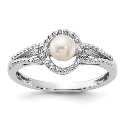 Sterlingsilber Rhodiniert Fw Zuchtperle & Diamant. Ring