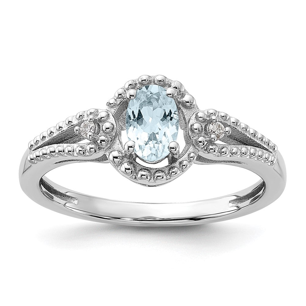 Sterlingsilber Rhodiniert Aquamarin & Diamant. Ring