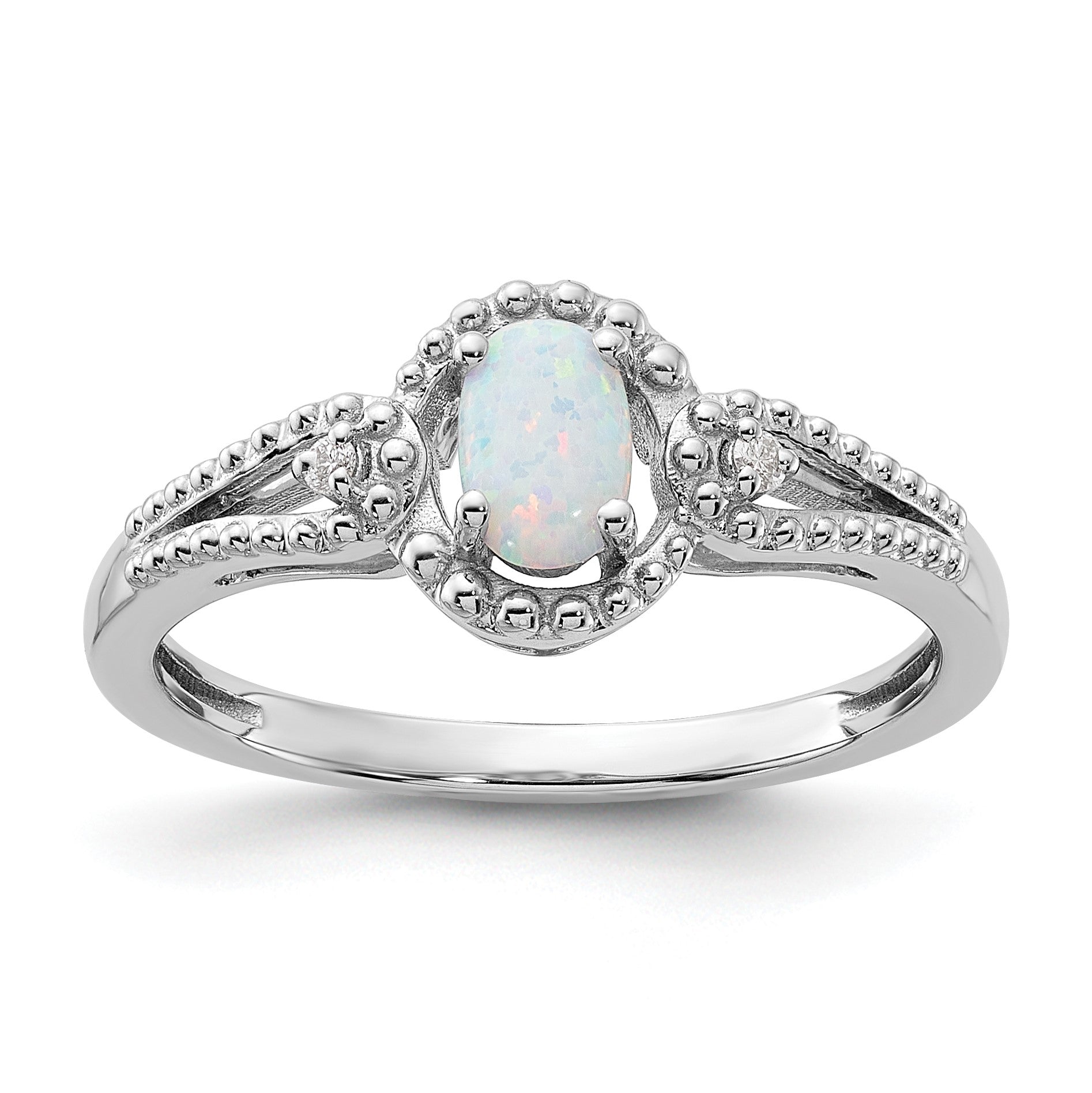 Sterlingsilber Rhodiniert Erzeugt Opal & Diamant. Ring