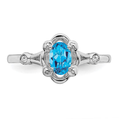 Sterlingsilber Rhodiniert Licht Schweizer Blautopas & Diamant. Ring