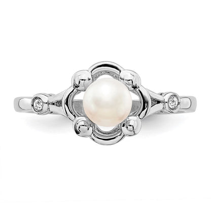 Sterlingsilber Rhodiniert Fw Zuchtperle & Diamant. Ring