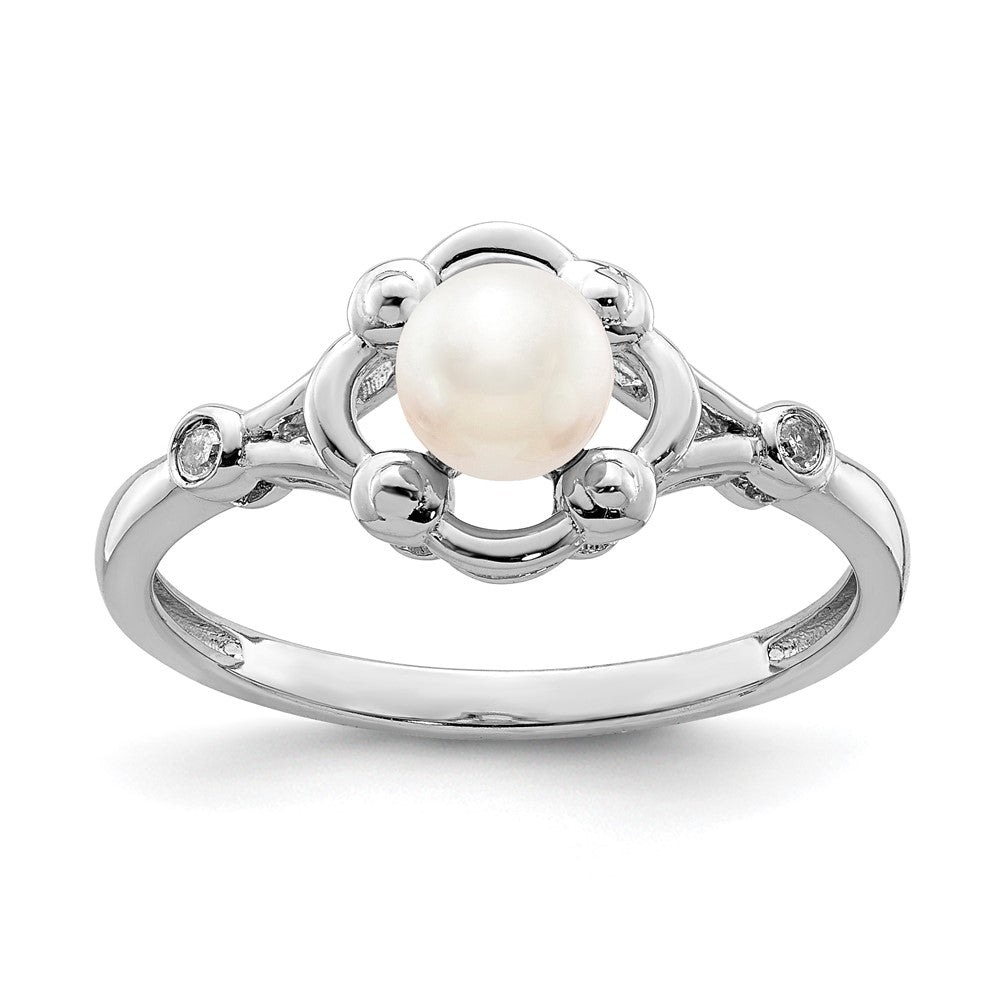 Sterlingsilber Rhodiniert Fw Zuchtperle & Diamant. Ring