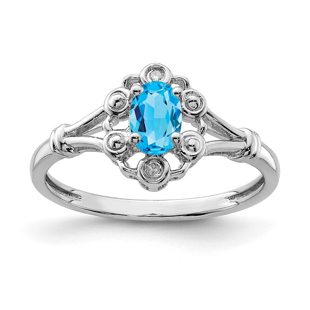 Sterlingsilber Rhodiniert Licht Schweizer Blautopas & Diamant. Ring
