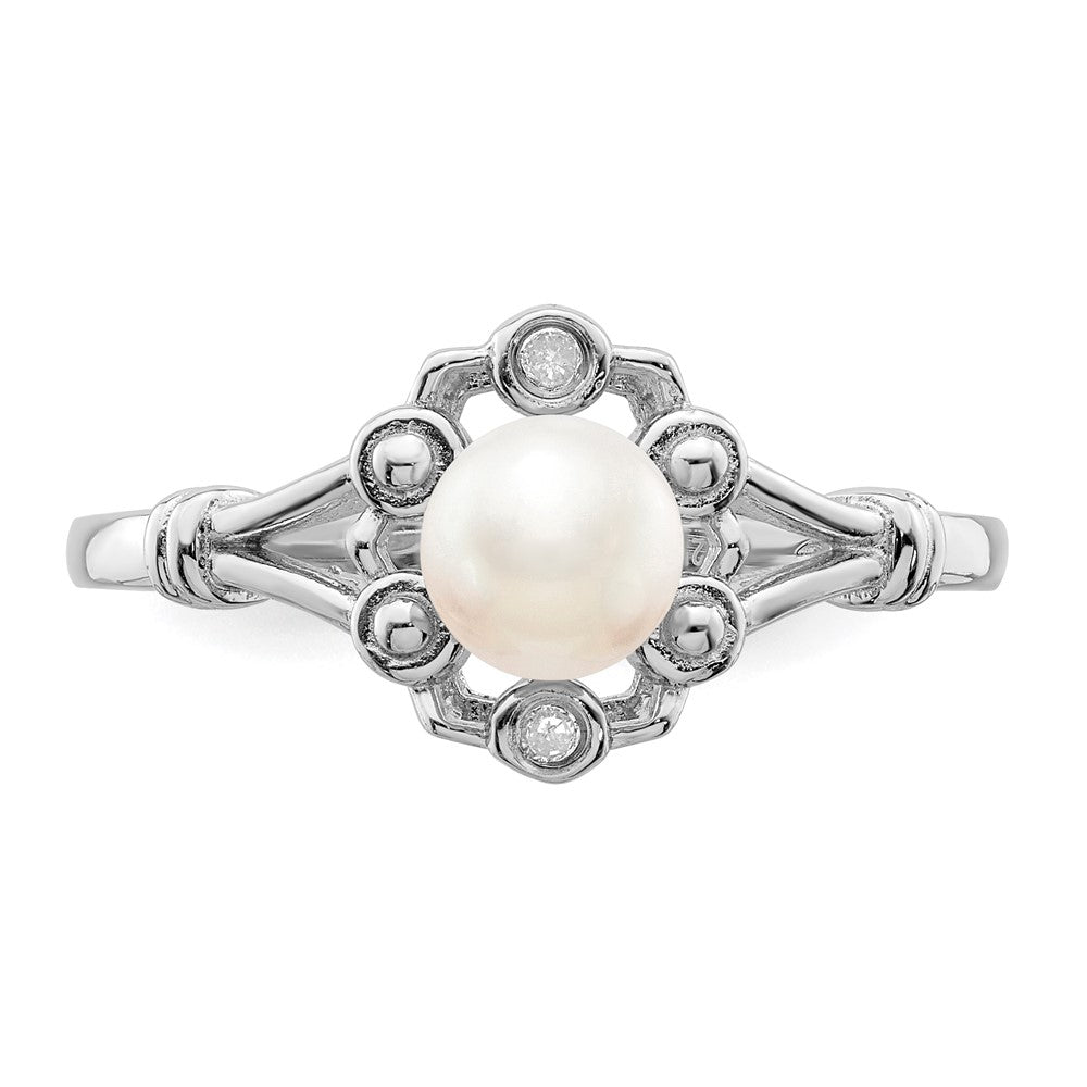 Sterlingsilber Rhodiniert Fw Zuchtperle & Diamant. Ring