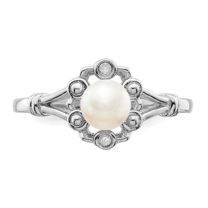 Sterlingsilber Rhodiniert Fw Zuchtperle & Diamant. Ring