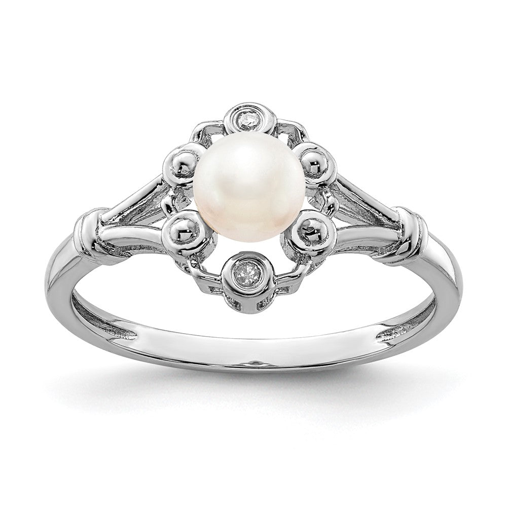Sterlingsilber Rhodiniert Fw Zuchtperle & Diamant. Ring