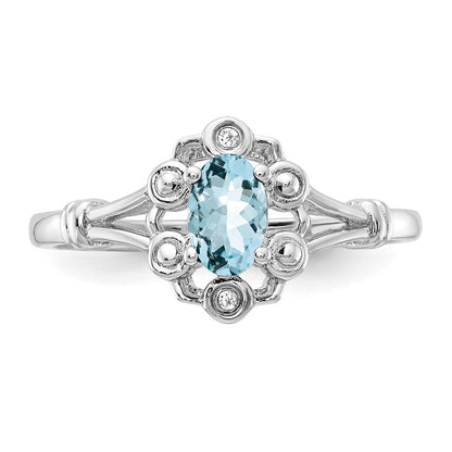 Sterlingsilber Rhodiniert Aquamarin & Diamant. Ring