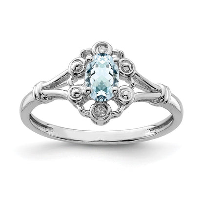 Sterlingsilber Rhodiniert Aquamarin & Diamant. Ring