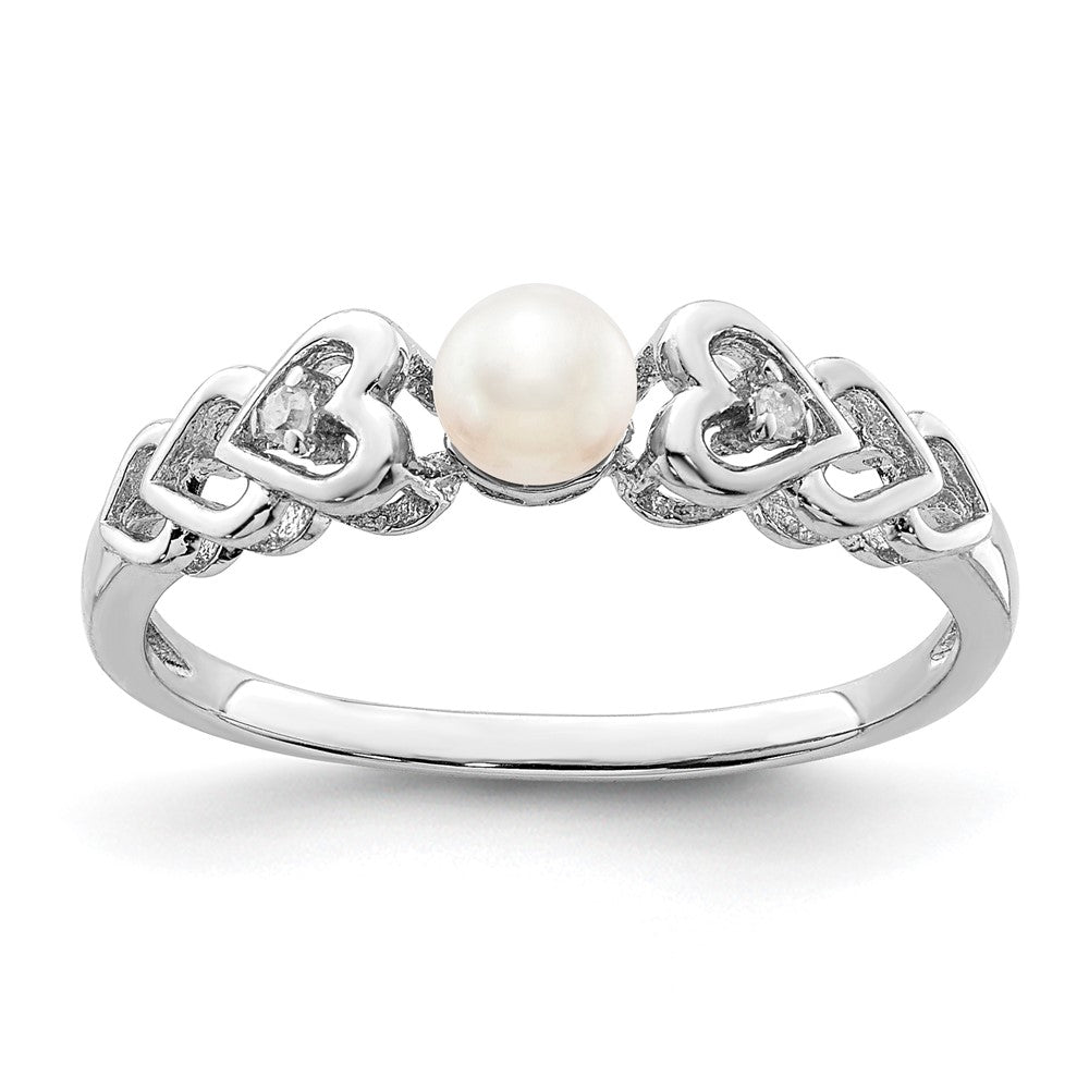Sterlingsilber Rhodiniert Fw Zuchtperle & Diamant. Ring