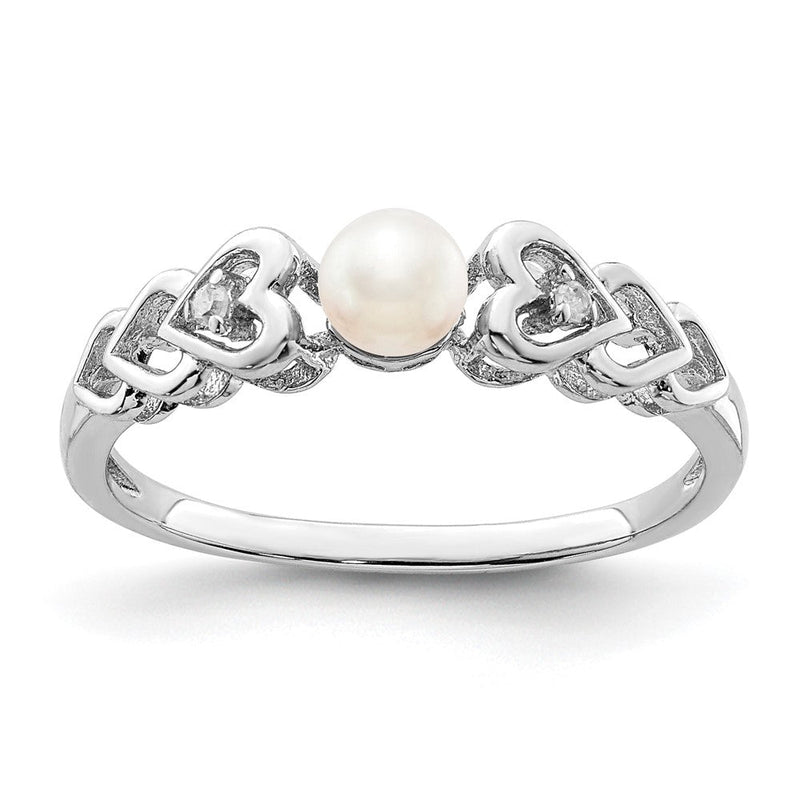 Sterlingsilber Rhodiniert Fw Zuchtperle & Diamant. Ring