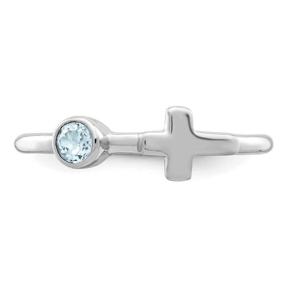 Sterlingsilber Rhodiniert Poliert Kreuz Aquamarin Ring