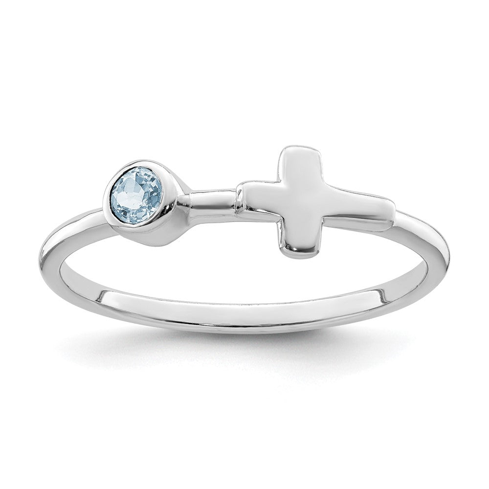 Sterlingsilber Rhodiniert Poliert Kreuz Aquamarin Ring