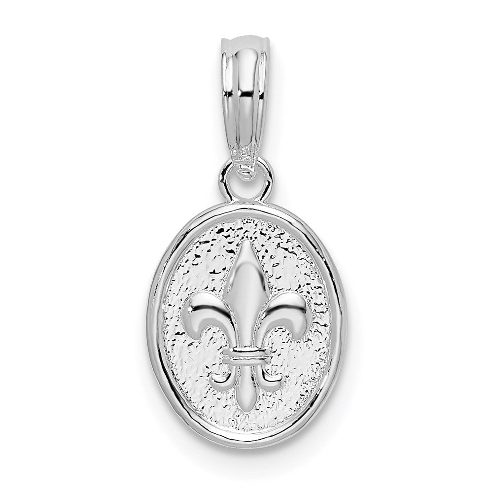 Sterlingsilber De Ani Rhodiniert Poliert und Strukturiert Fleur Lis Klein Oval Anhänger