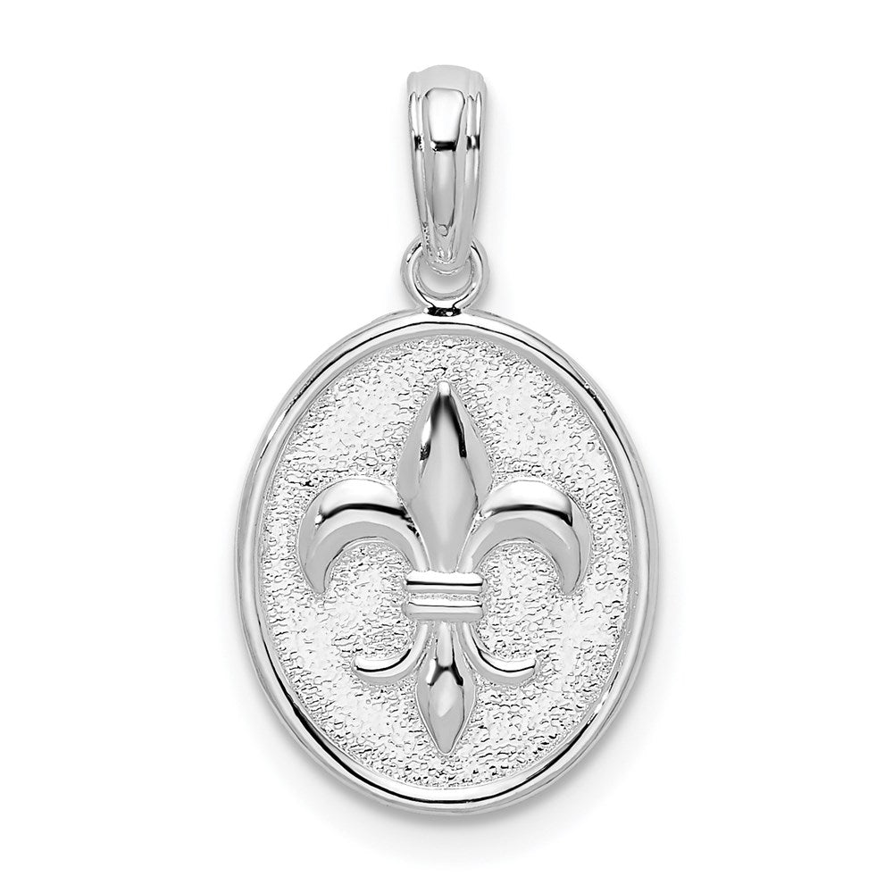 Sterlingsilber De-ani Rhodiniert Poliert und Strukturiert Fleur De Lis Oval Anhänger