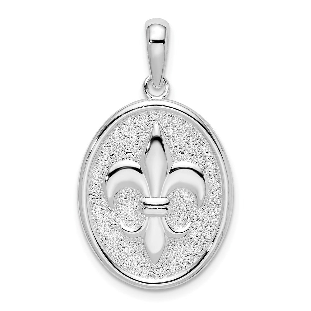 Sterlingsilber De-ani Rhodiniert Poliert und Strukturiert Fleur De Lis Oval Anhänger