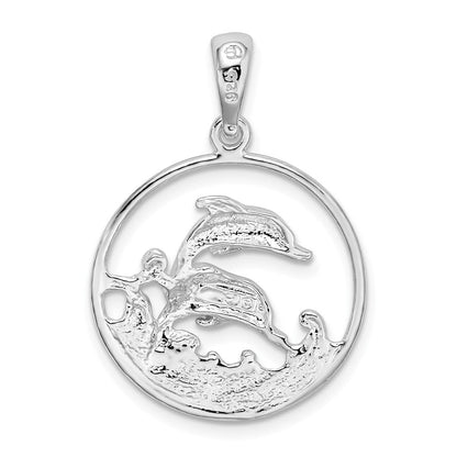 Sterlingsilber De-ani Rhodiniert Poliert Dolphins Swimming Oval Anhänger