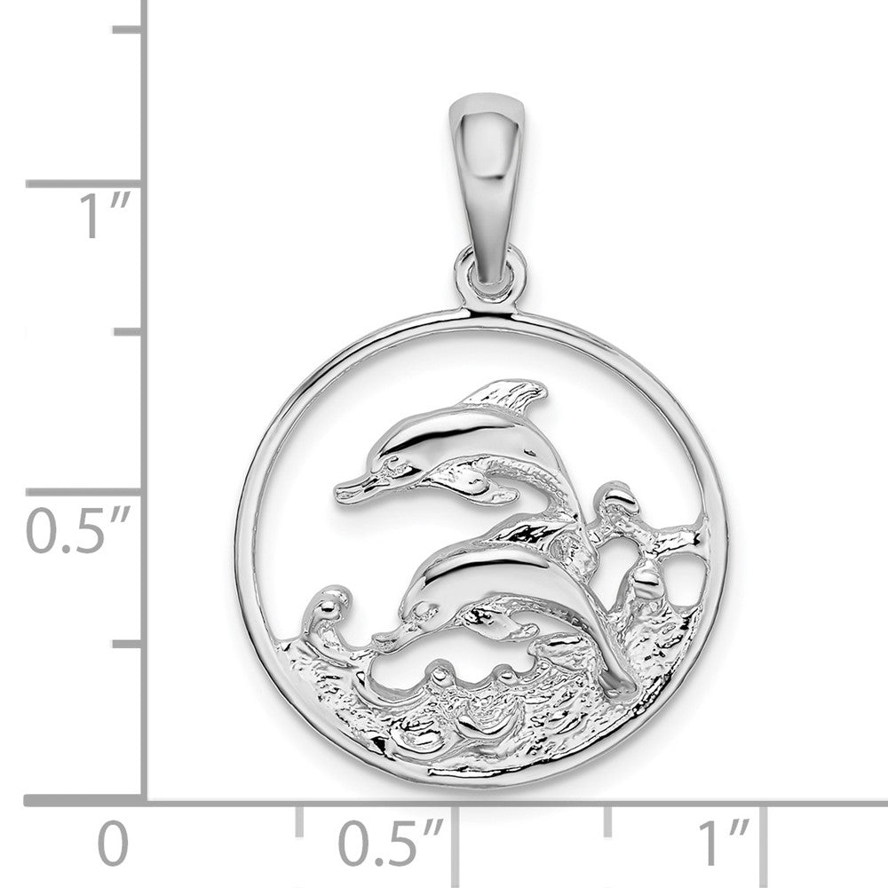 Sterlingsilber De-ani Rhodiniert Poliert Dolphins Swimming Oval Anhänger
