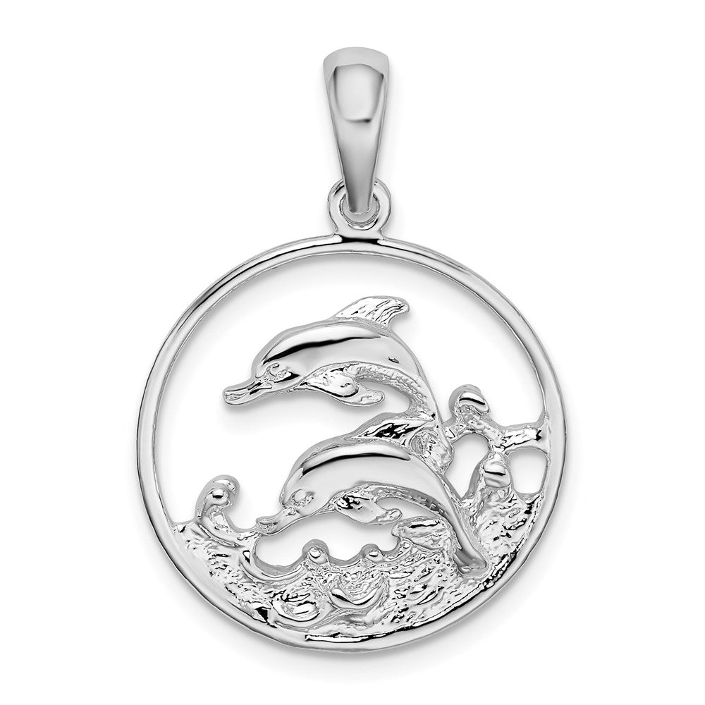 Sterlingsilber De-ani Rhodiniert Poliert Dolphins Swimming Oval Anhänger