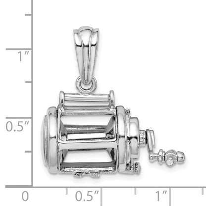 Sterlingsilber De-ani Rhodiniert Poliert 3d Beweglich Fishing Reel Anhänger