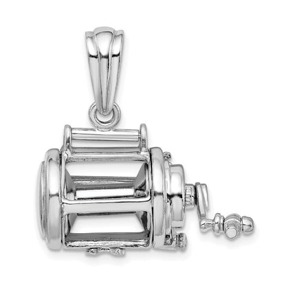 Sterlingsilber De-ani Rhodiniert Poliert 3d Beweglich Fishing Reel Anhänger