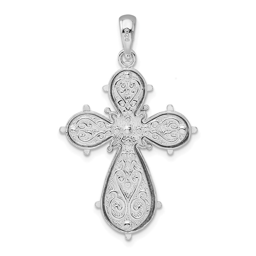 Sterlingsilber De-ani Rhodiniert Ranke Diamantiert Abgerundet Kreuz Anhänger