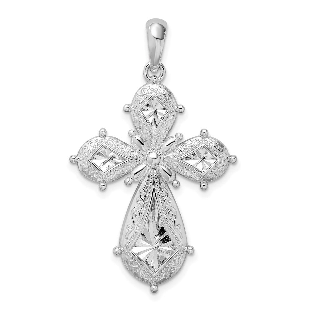 Sterlingsilber De-ani Rhodiniert Ranke Diamantiert Abgerundet Kreuz Anhänger