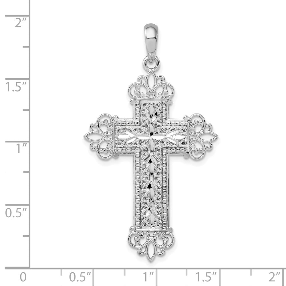 Sterlingsilber De-ani Rhodiniert Diamantiert Filigran Fleur De Lis Kreuz Anhänger