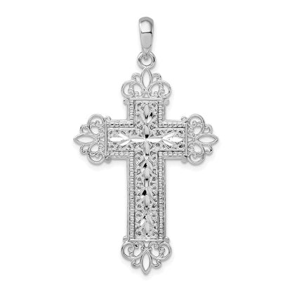 Sterlingsilber De-ani Rhodiniert Diamantiert Filigran Fleur De Lis Kreuz Anhänger