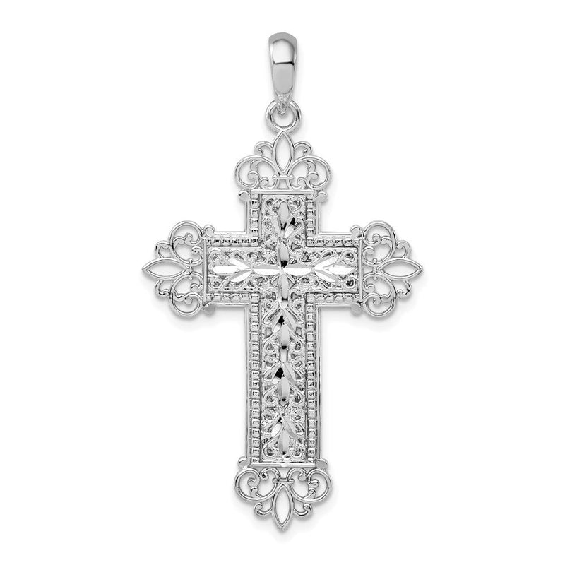 Sterlingsilber De-ani Rhodiniert Diamantiert Filigran Fleur De Lis Kreuz Anhänger