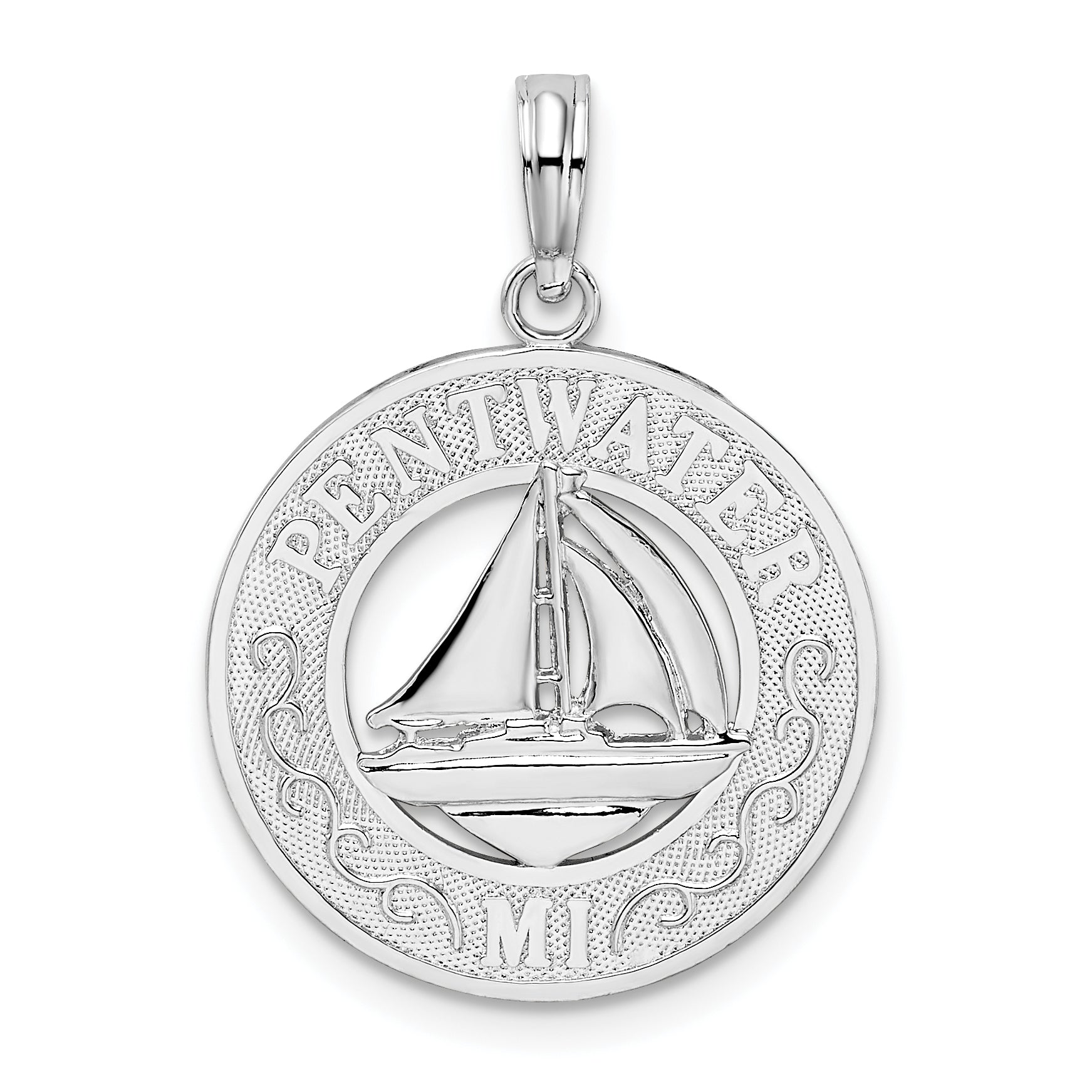 Sterlingsilber De-ani Rhodiniert Pentwater Michigan Kreis mit Segelboot Anhänger
