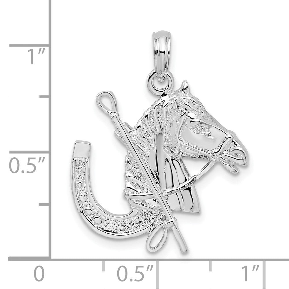 Sterlingsilber De-ani Rhodiniert Pferd Kopf mit Crop und Hufeisen Anhänger