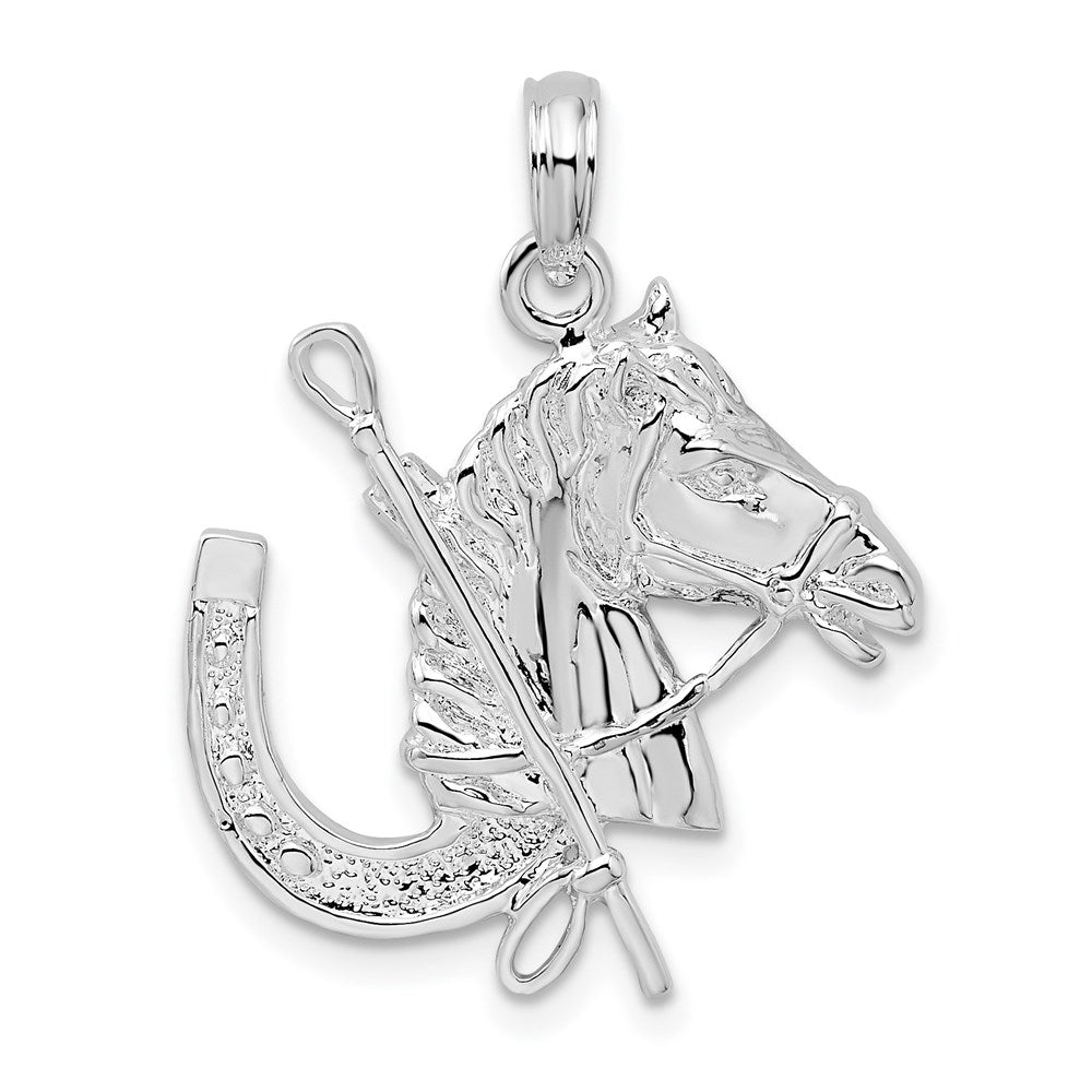 Sterlingsilber De-ani Rhodiniert Pferd Kopf mit Crop und Hufeisen Anhänger