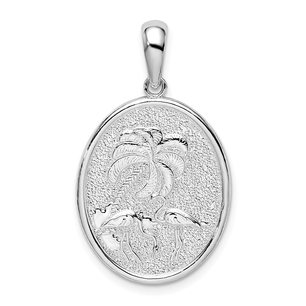 Sterlingsilber De-ani Rhodiniert Strukturiert Flamingos mit Palme Baum Oval Anhänger