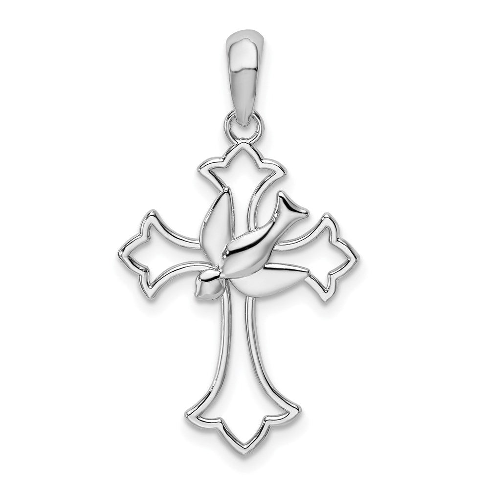 Sterlingsilber De-ani Rhodiniert Ausgeschnitten Fleur De Lis Kreuz mit Taube Anhänger