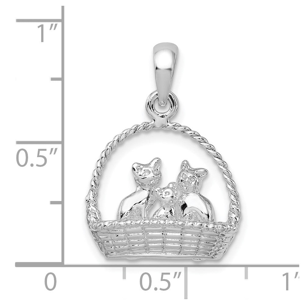 Sterlingsilber De-ani Rhodiniert Poliert 3d Kittens in Korb Anhänger