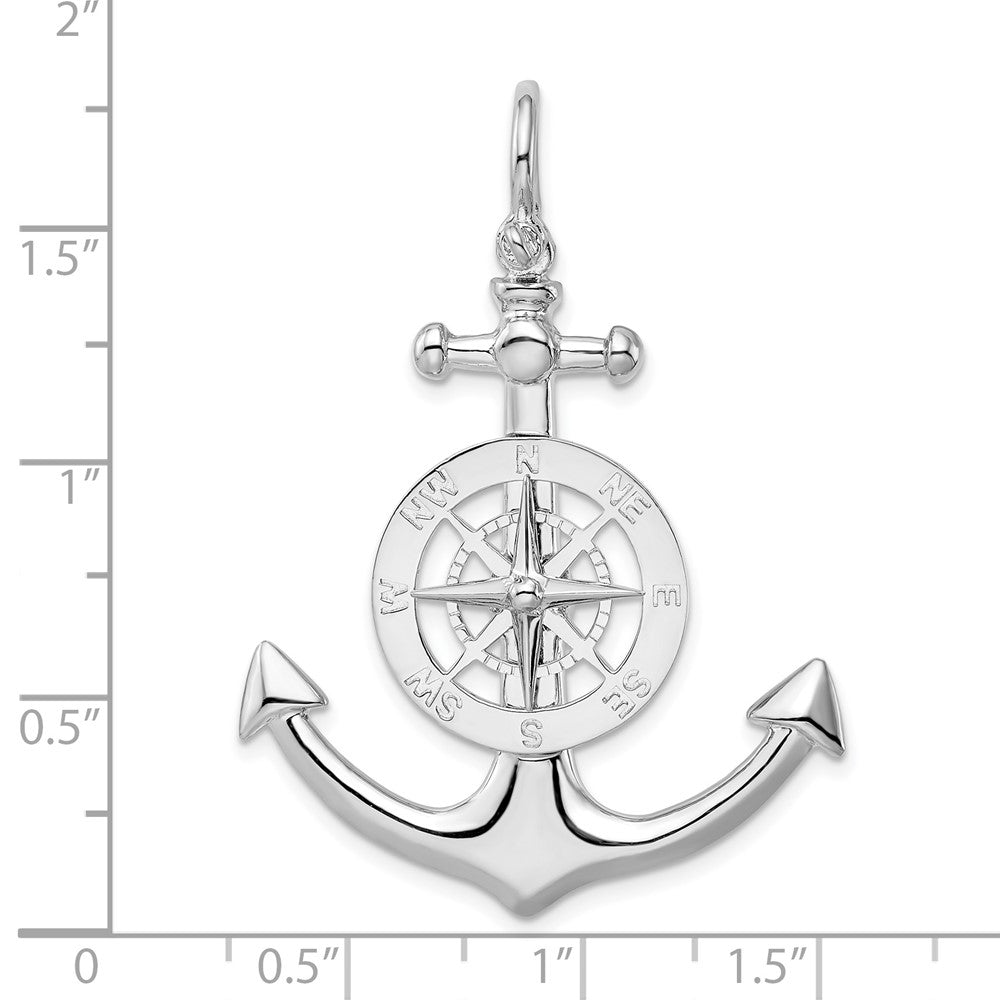 Sterlingsilber De-ani Rhodiniert Poliert 3d Groß Anker mit Kompass Anhänger