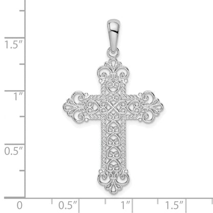 Sterlingsilber De-ani Rhodiniert Poliert Filigran Fleur De Lis Kreuz Anhänger