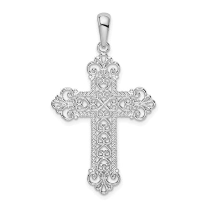 Sterlingsilber De-ani Rhodiniert Poliert Filigran Fleur De Lis Kreuz Anhänger