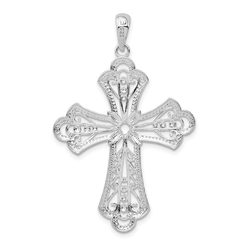 Sterlingsilber De-ani Rhodiniert Poliert Filigran Perle Kante Fleur De Lis Kreuz Anhänger