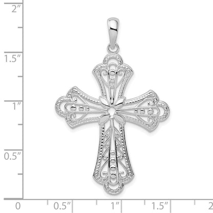 Sterlingsilber De-ani Rhodiniert Poliert Filigran Perle Kante Fleur De Lis Kreuz Anhänger