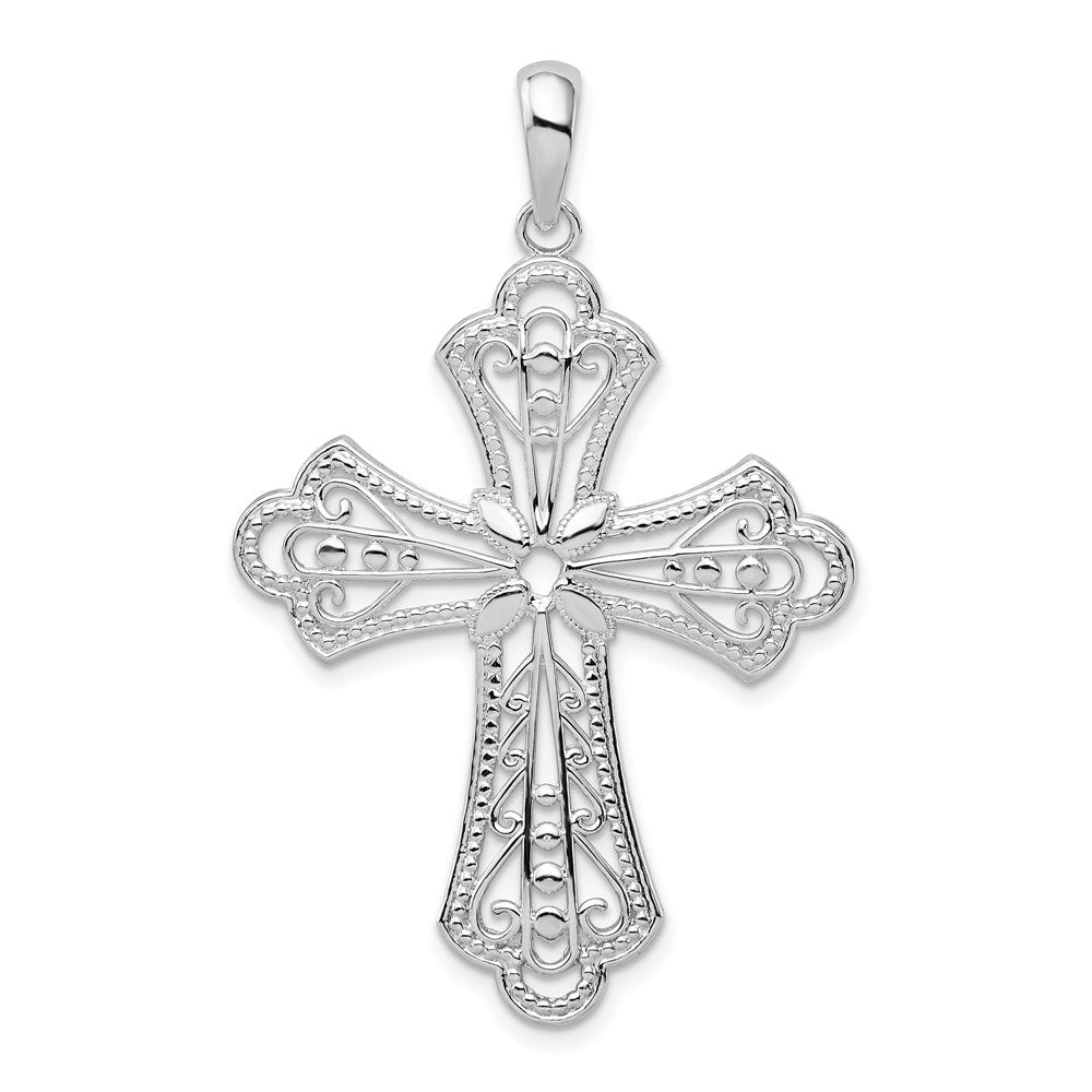 Sterlingsilber De-ani Rhodiniert Poliert Filigran Perle Kante Fleur De Lis Kreuz Anhänger